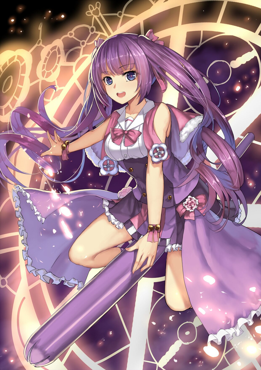 bell blush bow eyebrows_visible_through_hair highres long_hair looking_at_viewer magical_girl open_mouth original personification pink_bow purple_eyes purple_hair sketch smile solo teeth twintails weiyinji_xsk