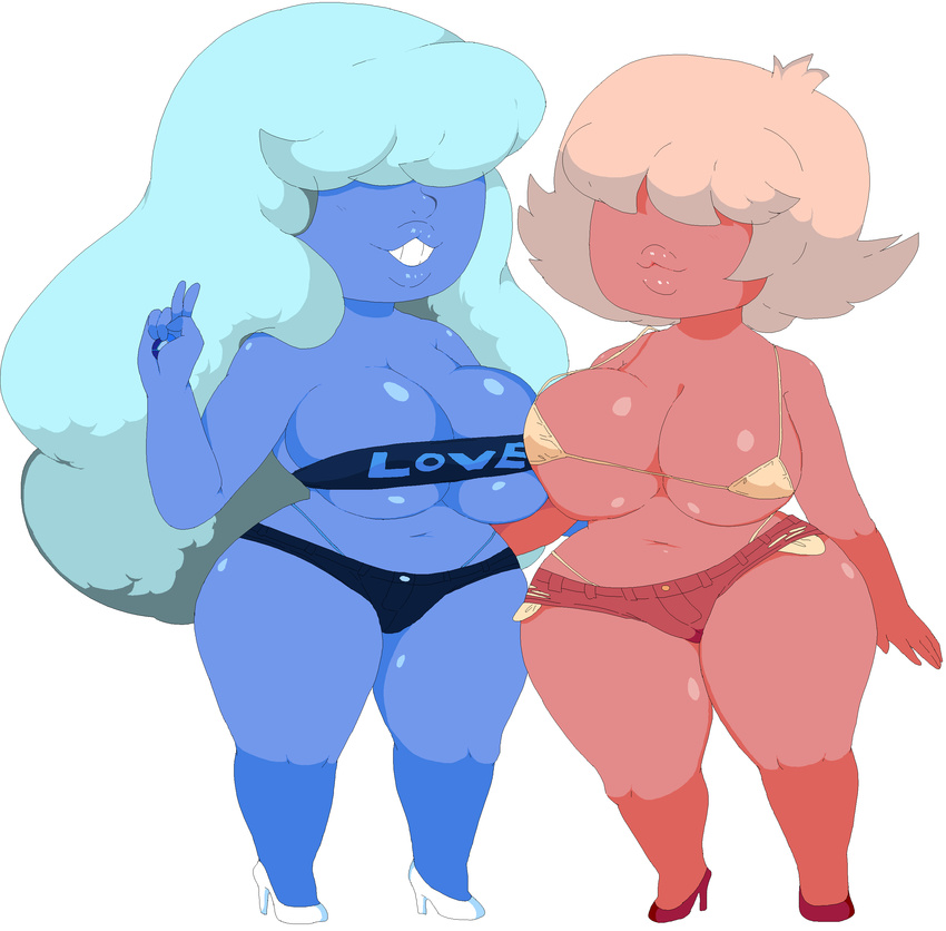 2girls bikini blue_skin breasts cleavage hair_over_eyes high_heels hoshime large_breasts lips multiple_girls padparadscha_(steven_universe) pink_hair pink_skin sapphire_(steven_universe) shorts steven_universe thick_thighs tubetop v wide_hips