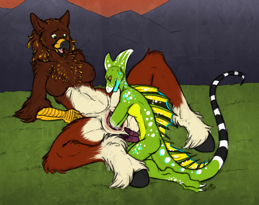 animal_genitalia animal_pussy anthro avian barbed_penis beak breasts brown_fur clitoris deep_fisting digital_media_(artwork) duo erection featureless_breasts female fin fisting fur grass green_eyes green_scales hippogryph hooves kneeling lying male male/female melodi_(runa216) mountain multi_penis nude olympiaxylaige open_mouth penetration penis pussy pussy_juice reptile scales scalie sex smile smirk spread_legs spreading stretched_pussy vaginal vaginal_penetration vinnig white_fur