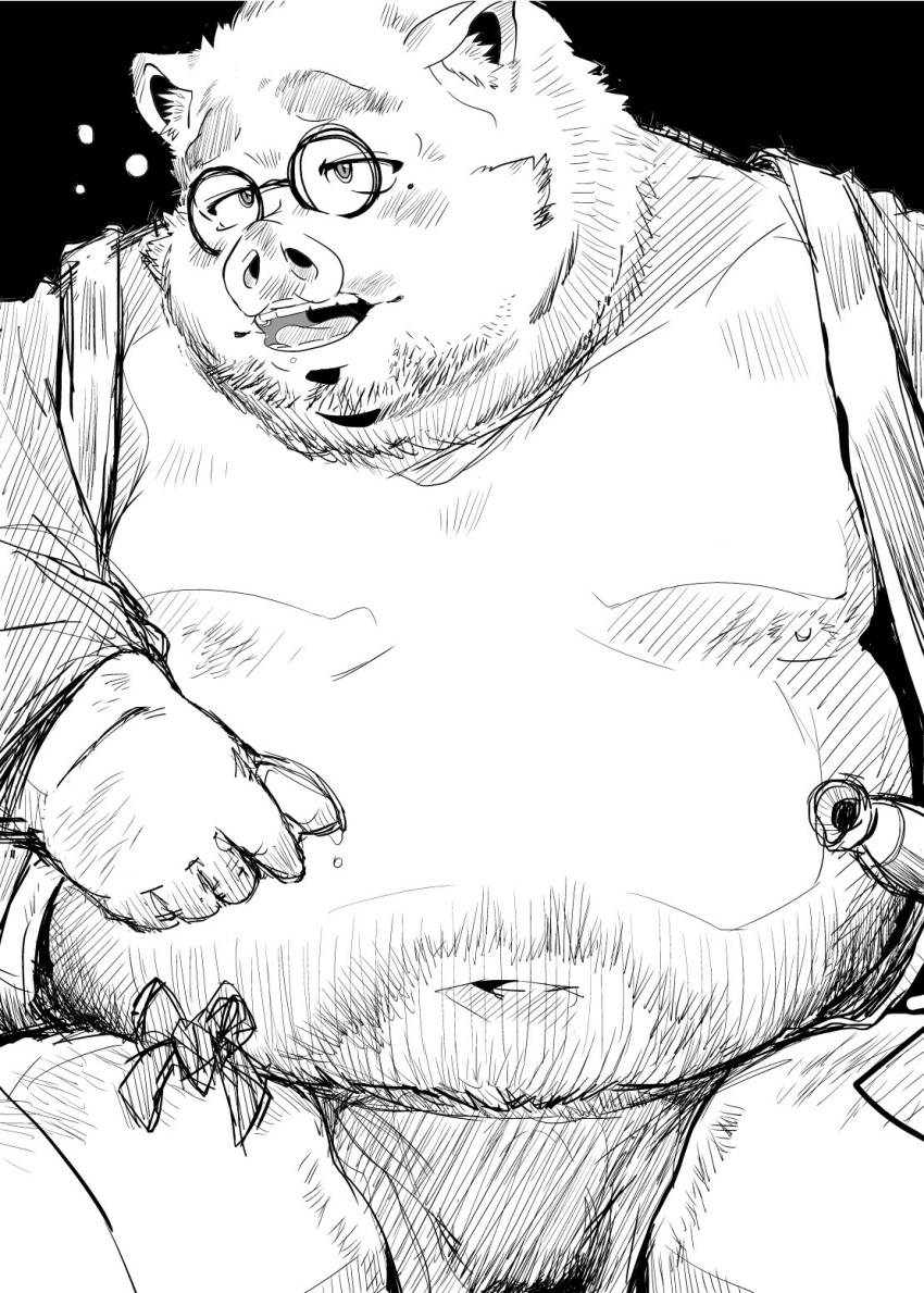 2019 anthro belly black_background boar clothing eyewear fundoshi glasses japanese_clothing male mammal moobs navel nipples overweight overweight_male porcine robe simple_background solo tachiuo underwear