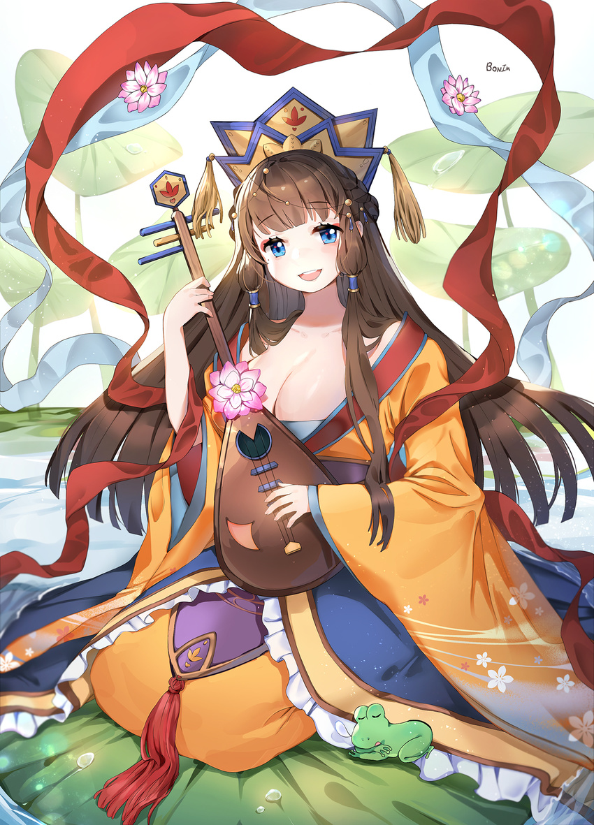 :d artist_name bangs benzaiten_(mythology) biwa_lute blue_eyes blunt_bangs bonim breasts brown_hair buddhism chinese_clothes cleavage day floral_print frog hagoromo hair_tubes hanfu hat highres holding holding_instrument instrument japanese_mythology lily_pad long_hair long_sleeves looking_at_viewer lute_(instrument) medium_breasts nose_bubble open_mouth original outdoors pond red_ribbon ribbon sash seiza shawl sidelocks sitting smile solo tassel water wide_sleeves