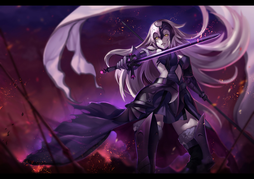 armor armored_boots bangs bare_shoulders blurry boots chain commentary_request contrapposto cowter depth_of_field eyebrows_visible_through_hair fate/grand_order fate_(series) fur_trim gauntlets highres holding holding_sword holding_weapon jeanne_d'arc_(alter)_(fate) jeanne_d'arc_(fate)_(all) long_hair pale_skin parted_lips revision serious solo standard_bearer standing sword weapon white_hair yellow_eyes zeroshiki_kouichi