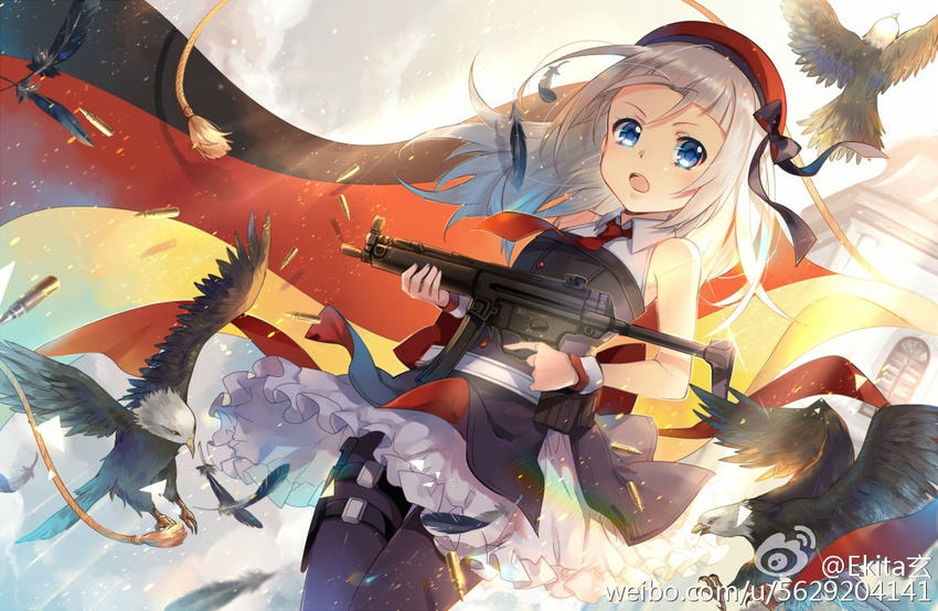 artist_name beret bird blue_eyes bullet ekita_xuan feathers flat_chest german_flag germany girls_frontline gun h&amp;k_mp5 hat heckler_&amp;_koch holster left-handed looking_at_viewer mp5_(girls_frontline) necktie pantyhose silver_hair skirt solo submachine_gun thigh_holster thigh_strap trigger_discipline watermark weapon web_address weibo_id weibo_logo weibo_username