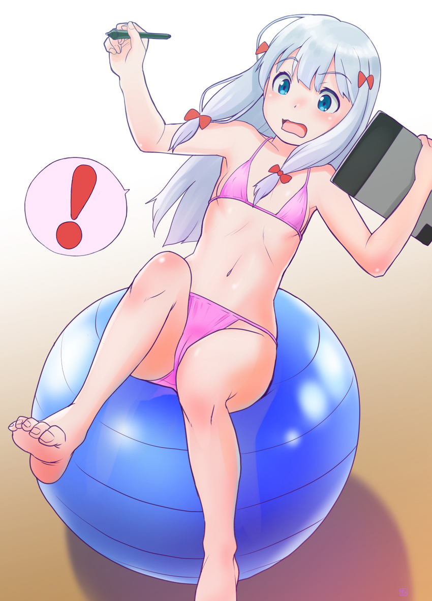 1girl ball bare_legs barefoot bikini blue_eyes bow breasts eromanga_sensei exercise_ball eyebrows_visible_through_hair gradient gradient_background hair_bow highres izumi_sagiri leaning_back long_hair mu-pyon navel open_mouth outstretched_arm pink_bikini sidelocks silver_hair simple_background small_breasts solo spoken_exclamation_mark stylus swimsuit tablet wavy_mouth