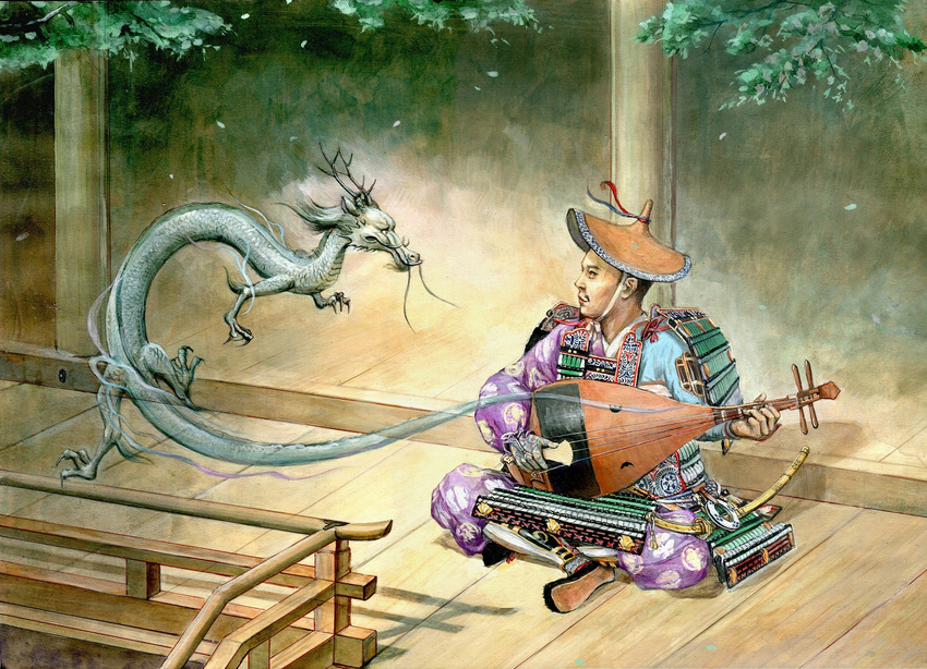 architecture armor biwa_lute commentary_request dragon east_asian_architecture hat highres instrument japanese_armor katana lute_(instrument) male_focus outdoors plectrum see-through sheath sheathed sitting sword tattoo weapon yki_(watercolor)