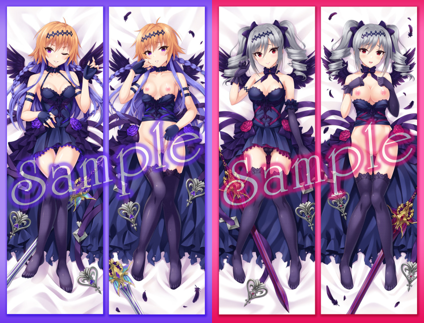 areolae asymmetrical_gloves black_feathers black_gloves black_legwear black_panties black_wings blonde_hair blush border braid breasts breasts_outside choker commentary_request dakimakura dress elbow_gloves eyebrows_visible_through_hair eyelashes feathered_wings fingerless_gloves gloves grey_hair hair_ornament hair_ribbon highres idolmaster idolmaster_cinderella_girls kanzaki_ranko large_breasts long_hair lying multicolored_hair multiple_views ninomiya_asuka nipples on_back one_eye_closed panties purple_border purple_eyes purple_hair purple_ribbon red_border red_eyes ribbon sample short_dress single_elbow_glove small_breasts smile sword text_censor thighhighs twin_braids twintails two-tone_hair underwear urabi_(tomatohouse) weapon wings