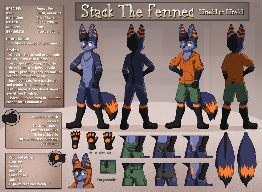 2017 animal_genitalia animal_penis anthro balls blue_fur boxer_briefs canine canine_penis chest_tuft close-up clothed clothing digital_media_(artwork) erection fangs fennec flaccid fox fully_sheathed fur furgonomics gloves_(marking) hair hi_res hoodie male mammal markings model_sheet multicolored_fur multicolored_tail nude orange_fur paws penis sheath shorts sidnithefox simple_background smaller_version_at_source solo stack_(character) standing text tuft underwear