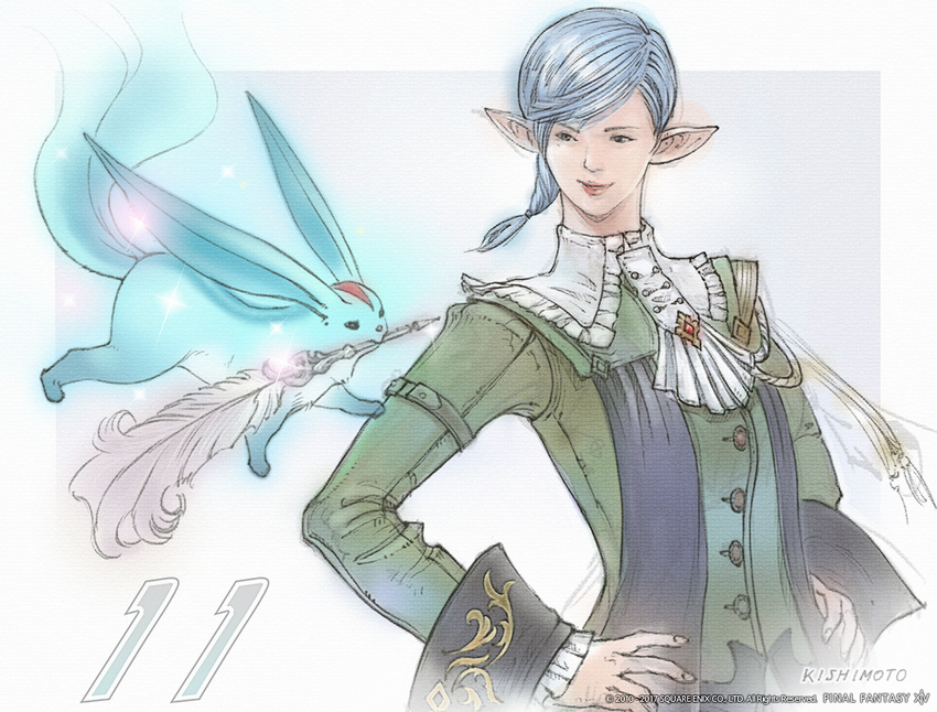 aiguillette blue_hair braid carbuncle_(final_fantasy) copyright_name elezen elf final_fantasy final_fantasy_xiv lips lipstick makeup official_art pointy_ears quill signature single_braid watermark