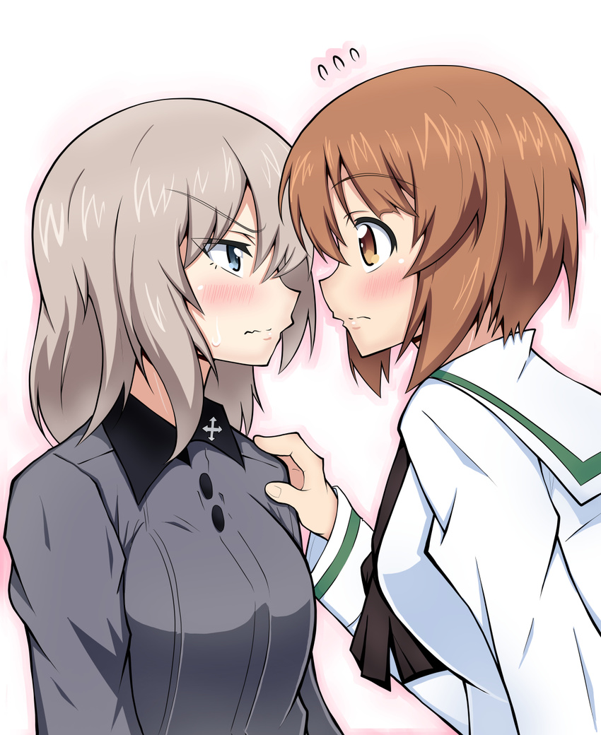 2girls blue_eyes blush breasts brown_eyes brown_hair girls_und_panzer heiden itsumi_erika large_breasts looking_at_another military_uniform multiple_girls nishizumi_miho school_uniform simple_background white_hair yuri