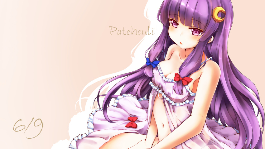 beige_background blue_bow bow bow_removed breasts character_name cleavage crescent crescent_hair_ornament dated eyebrows_visible_through_hair hair_bow hair_bow_removed hair_ornament highres long_hair medium_breasts navel patchouli_knowledge purple_eyes purple_hair red_bow rin_(ashleyy) simple_background solo touhou