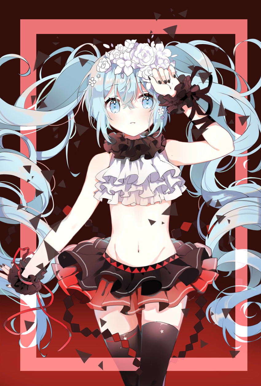 absurdres arm_up bad_id bad_pixiv_id black_legwear bless_you_(module) flower hair_flower hair_ornament hatsune_miku highres kakami_(pixiv7616827) long_hair midriff nail_polish navel nisoku_hokou_(vocaloid) project_diva_(series) project_diva_f_2nd skirt solo thigh_gap thighhighs twintails very_long_hair vocaloid