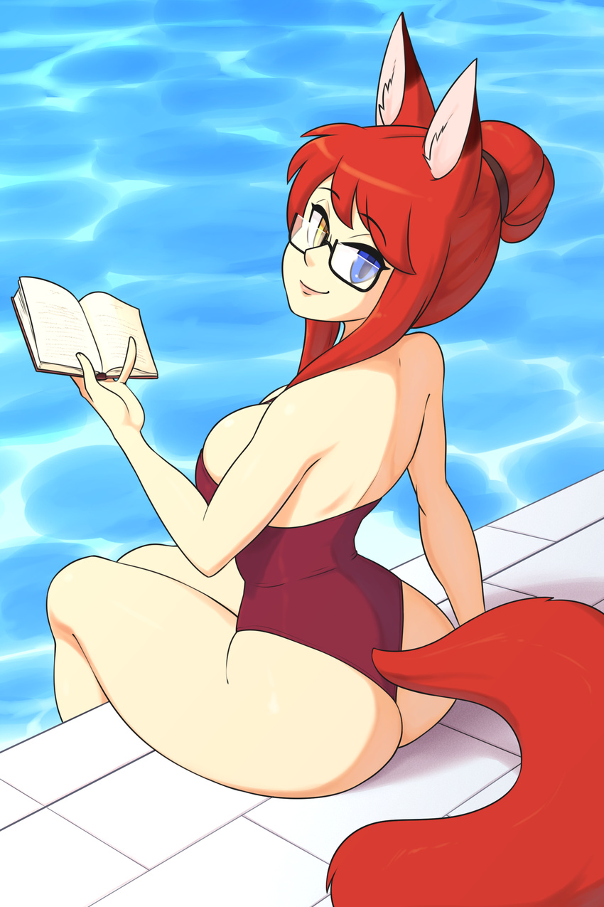 2017 5_fingers 5_toes absurd_res amber_eye animal_humanoid bikini blue_eyes breasts butt canine clothing eyebrows eyelashes eyewear female fluffy fluffy_tail fox glasses hair heterochromia hi_res humanoid kaitlin looking_at_viewer looking_back mammal red_hair skecchiart solo swimming_pool swimsuit toes towel water