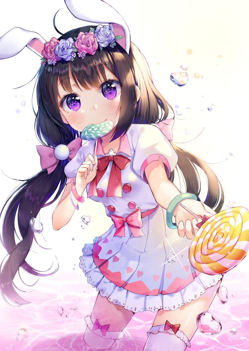 absurdres animal_ears black_hair blush bow bracelet bubble bunny_ears candy eating eyebrows_visible_through_hair flower_wreath food hair_bow head_wreath heart highres holding_lollipop jewelry lollipop long_hair looking_at_viewer original pink_bow purple_eyes red_ribbon ribbon shoonia smile solo twintails