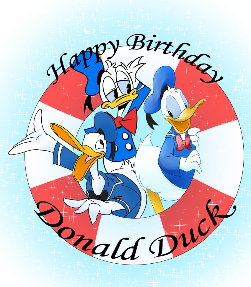 2017 4_fingers beak birthday blue_sclera blue_shirt bottomless bow_tie clothed clothing digital_media_(artwork) disney donald_duck english_text feathers group harara head_tuft hi_res lifesaver mickey_mouse_(tv_series) open_mouth open_smile sailor_hat smile sparkles tail_feathers text the_wise_little_hen white_feathers yellow_beak