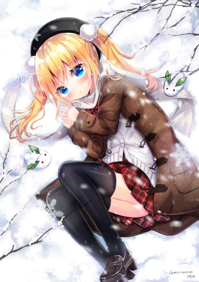 1girl :o absurdres bangs beret black_hat black_legwear blonde_hair blue_eyes blush brown_coat brown_footwear cardigan coat commentary_request duffel_coat eyebrows_visible_through_hair fringe_trim hair_ornament hands_up hat highres kohaku_muro loafers long_hair long_sleeves looking_at_viewer lying moe2019 on_side open_clothes open_coat original own_hands_together parted_lips plaid plaid_skirt pleated_skirt red_skirt scarf school_uniform shoes skirt snow snow_bunny snowing solo thighhighs twintails twitter_username unmoving_pattern white_cardigan white_scarf