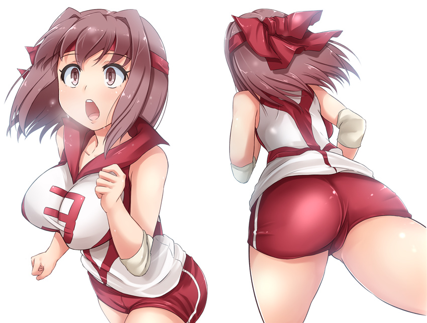 action ass bangs bouncing_breasts breasts brown_eyes brown_hair cowboy_shot elbow_pads from_side girls_und_panzer gym_shorts headband kitayama_miuki kondou_taeko large_breasts looking_to_the_side multiple_views open_mouth red_headband red_shirt red_shorts shirt short_hair short_shorts shorts simple_background sleeveless sleeveless_shirt sportswear standing volleyball_uniform white_background