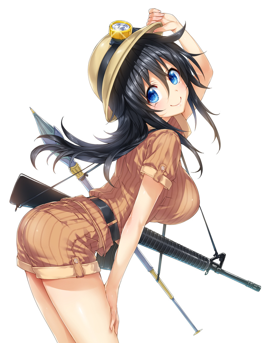 adjusting_clothes adjusting_hat ar-15 arched_back arm_up ass belt bent_over black_hair blue_eyes blush breasts closed_mouth commentary_request cowboy_shot eyebrows_visible_through_hair from_side glint gun hair_between_eyes hand_on_headwear hand_on_own_thigh hat highres hisasi long_hair looking_at_viewer looking_to_the_side medium_breasts netoge_no_yome_wa_onna_no_ko_janai_to_omotta? over_shoulder polearm rifle shirt short_sleeves shorts simple_background solo spear standing striped striped_shirt sun_hat tamaki_ako tareme thighs uniform vertical-striped_shirt vertical-striped_shorts vertical_stripes weapon white_background