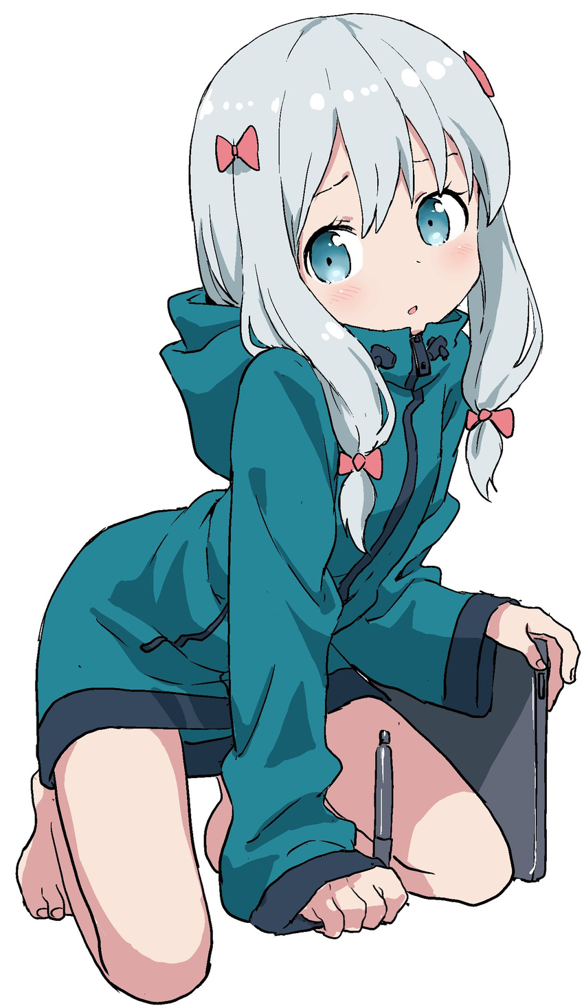 :o absurdres aqua_jacket bangs bare_legs barefoot blue_eyes bow commentary_request eromanga_sensei full_body hair_bow highres holding hood hood_down hooded_track_jacket izumi_sagiri jacket kneeling legs_apart long_hair looking_at_viewer no_pants parted_lips red_bow short_hair_with_long_locks silver_hair simple_background solo stylus tablet tareme track_jacket white_background yamamoto_souichirou zipper