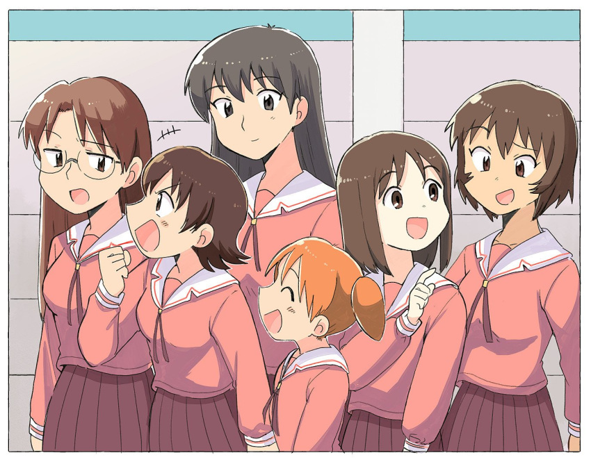 6+girls azumanga_daiou black_eyes black_hair black_skirt brown_hair commentary_request cowboy_shot eyes_closed glasses kagura_(azumanga_daiou) kasuga_ayumu long_hair mihama_chiyo mizuhara_koyomi multiple_girls open_mouth pleated_skirt sailor_collar sakaki school_uniform serafuku short_hair skirt smile takino_tomo tan tsubobot twintails white_sailor_collar