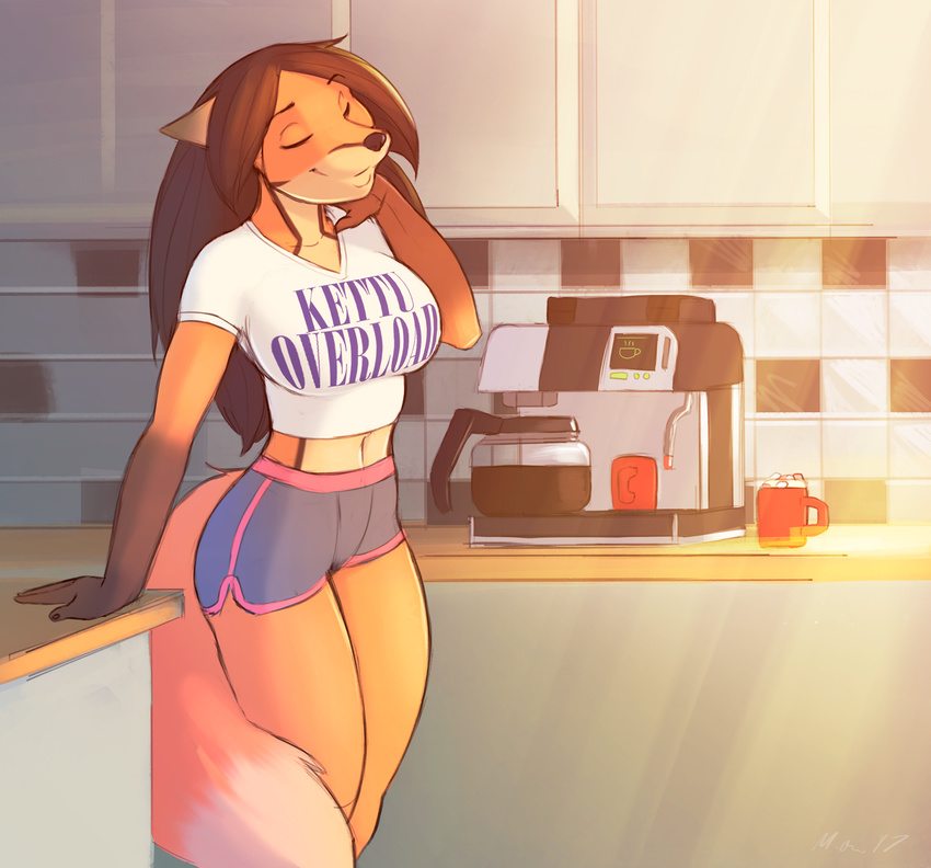 anthro beverage canine clothed clothing coffee eyes_closed female fox fur hair inside mammal navel niina_(woadedfox) smile solo standing wide_hips woadedfox