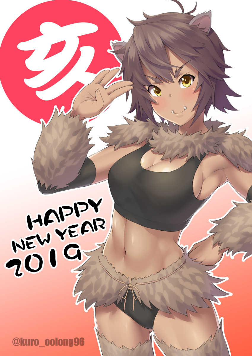 1girl absurdres animal_ears blush boar_ears breasts brown_hair chinese_zodiac cleavage dark_skin fangs female happy_new_year highres kuro_oolong midriff monster_girl muscle navel new_year original short_hair solo twitter_username yellow_eyes