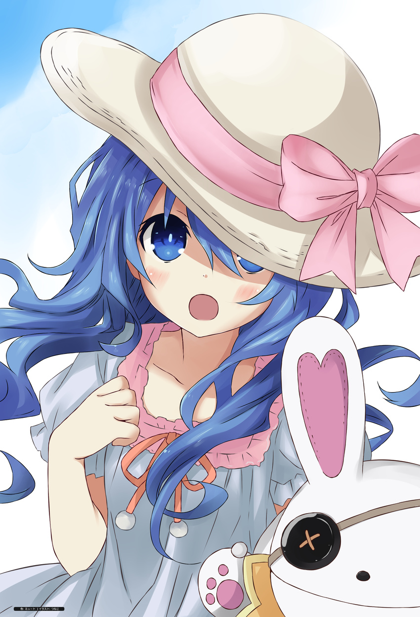 :d absurdres blue_eyes blue_hair collarbone colorized date_a_live day dress floating_hair grey_dress grey_hat hair_between_eyes hat hat_ribbon highres long_hair looking_at_viewer open_mouth outdoors pink_ribbon ribbon short_sleeves smile solo standing sun_hat tsunako upper_body very_long_hair yoshino_(date_a_live) yoshinon
