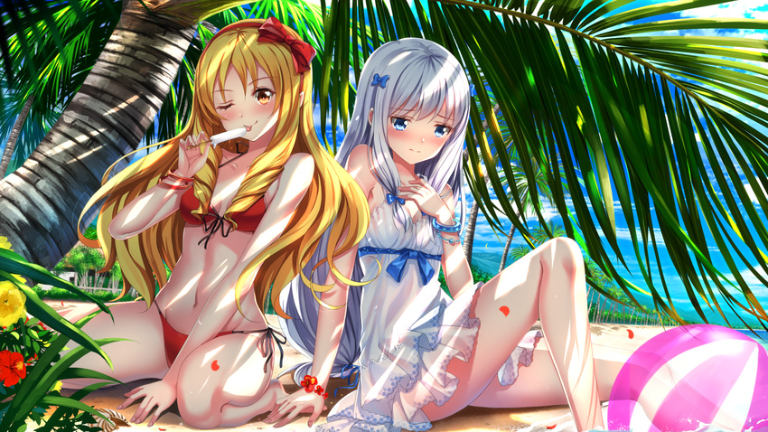 ;p alternate_costume arm_support ball bare_shoulders barefoot beach beachball bikini blonde_hair blue_eyes blush bow breasts brown_eyes building day dress drill_hair embarrassed eromanga_sensei flower food forest hair_bow hairband hibiscus highres izumi_sagiri lens_flare long_hair looking_at_viewer looking_down multiple_girls nature navel one_eye_closed outdoors palm_tree pointy_ears popsicle red_bikini red_bow short_dress silver_hair sitting small_breasts stomach swimsuit swordsouls thighs tongue tongue_out tree twin_drills wariza water wavy_hair yamada_elf