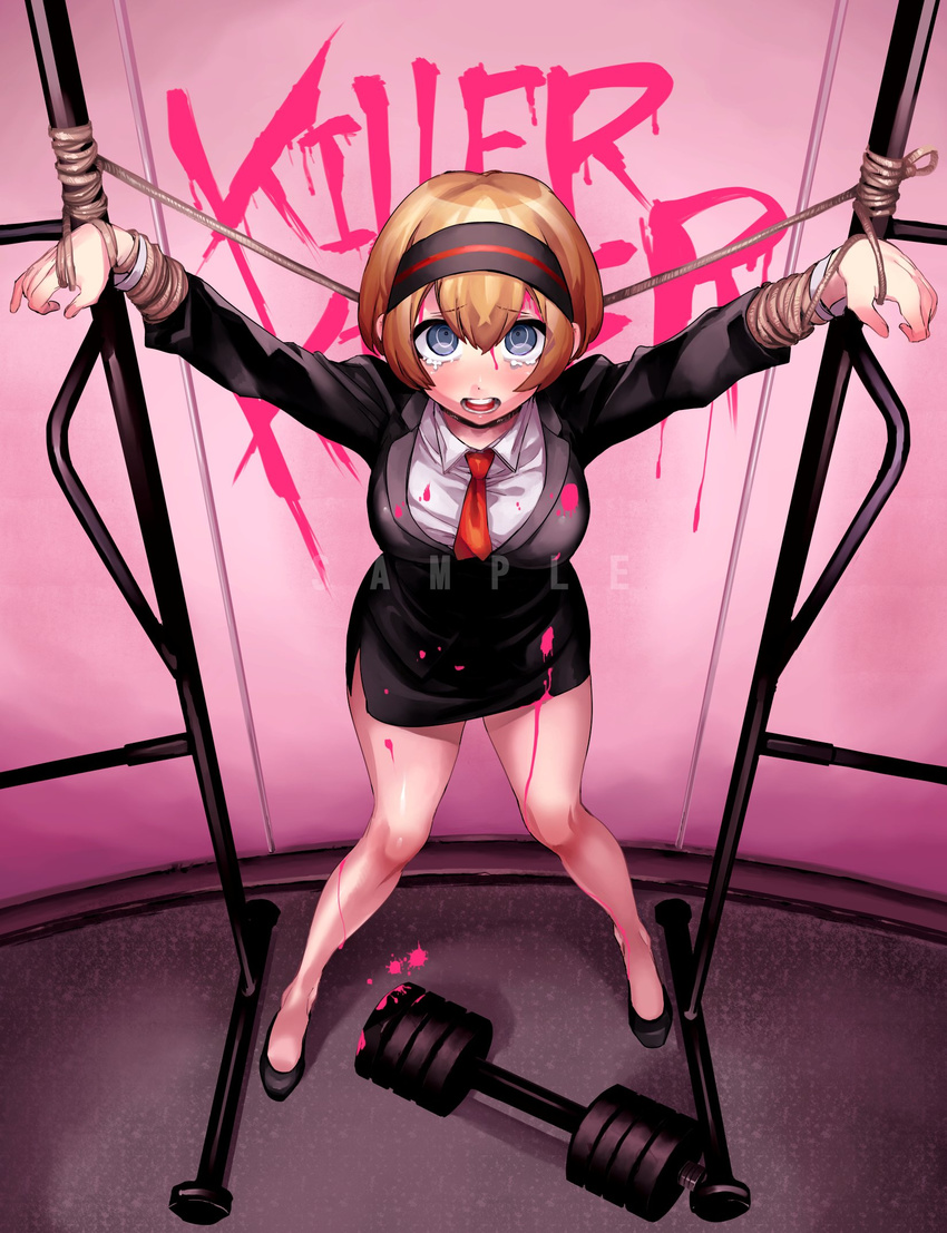 asano_misaki_(danganronpa) black_suit blonde_hair blood blood_on_face bloody_clothes bob_cut bound bound_wrists commentary_request danganronpa danganronpa_gaiden:_killer_killer dumbbell formal full_body headband highres looking_at_viewer necktie official_art open_mouth pigeon-toed pink_blood red_neckwear sasami_(ki) short_hair skirt_suit suit tears tied_up watermark