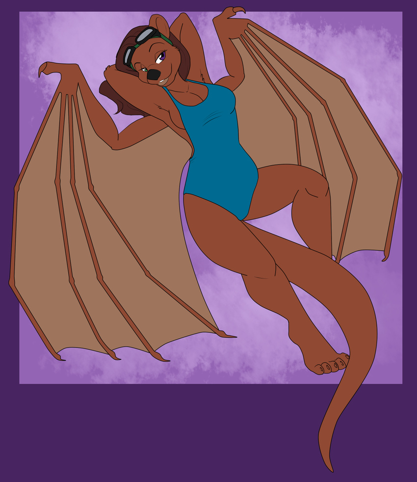 barefoot bat brown_fur brown_hair clothing eyewear female fur goggles green_eyes hair hands_behind_head heterochromia hybrid june_(tenpoundhammer) mammal membranous_wings mustelid oli_snowpaw otter purple_eyes swimsuit wings