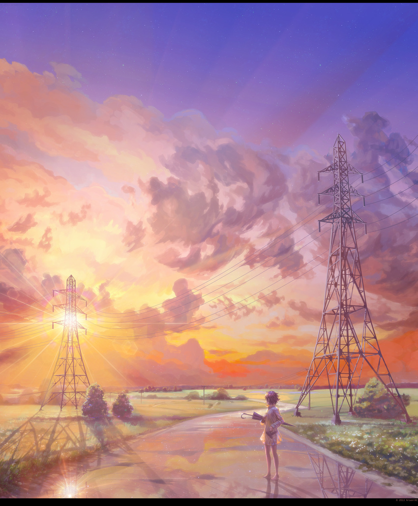 ahoge arsenixc artist_name bare_legs barefoot closed_umbrella cloud field from_behind grass highres holding holding_shoes horizon lens_flare letterboxed light_rays original reflection revision road rural scenery shoes short_hair sky solo standing star_(sky) starry_sky summer sun sunbeam sunlight sunset telephone_pole transmission_tower umbrella wet