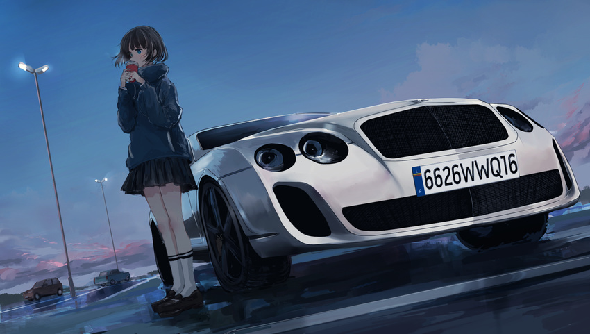 bentley bentley_continental_gt black_footwear black_hair black_skirt blue_eyes blush bob_cut car commentary cup day dutch_angle evening ground_vehicle hands_up highres holding holding_cup hood hood_down hoodie legs_together loafers looking_to_the_side motor_vehicle original outdoors parking_lot scenery school_uniform shoes short_hair skirt socks solo standing swav white_legwear wide_shot