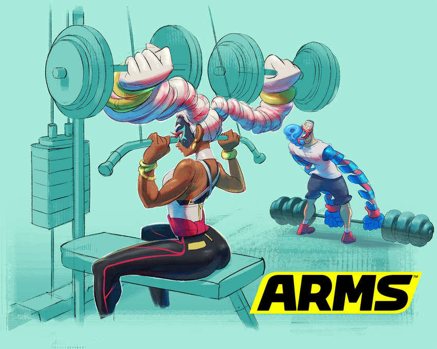 1girl aqua_background arms_(game) ass barbell blue_hair clenched_teeth dark_skin domino_mask dumbbell exercise_machine highres ishikawa_masaaki logo mask official_art pompadour shirt simple_background sitting sleeveless spring_man_(arms) sweat t-shirt teeth twintails twintelle_(arms) weightlifting weights wristband
