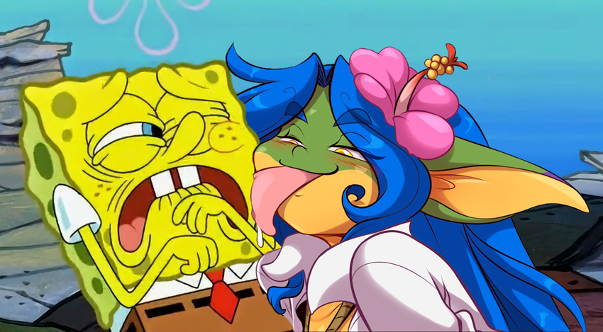 anthro blue_eyes blue_hair chalo clothed clothing duo erection female gecko geecku green_body hair las_lindas lizard long_hair male mammal marine nickelodeon reptile scalie sponge spongebob_squarepants spongebob_squarepants_(character) what yellow_body yellow_eyes