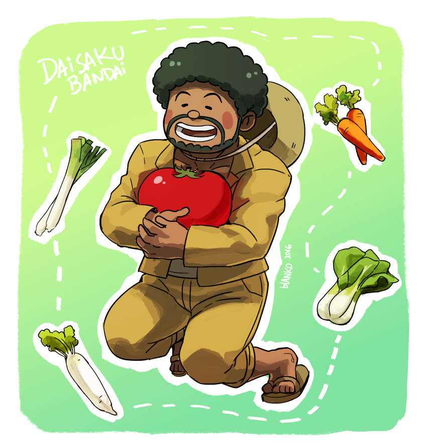 afro artist_name bandai_daisaku beard blanko! carrot character_name closed_eyes curly_hair danganronpa danganronpa_3 dark_skin dark_skinned_male facial_hair food green_hair hat highres male_focus open_mouth sandals solo straw_hat teeth tomato vegetable