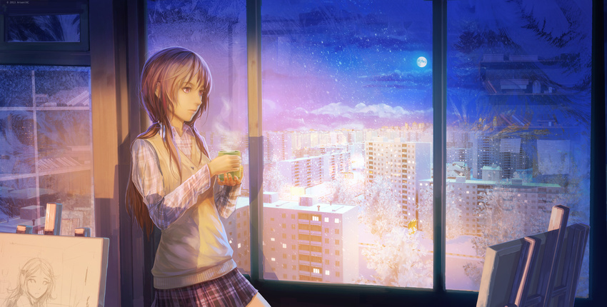 arsenixc brown_hair building canvas_(object) cityscape cloud cup easel frost frown full_moon highres long_hair looking_away messy_hair moon mug night night_sky original painting_(object) pink_eyes ponytail red_eyes reflection revision shadow skirt sky snow snowing solo steam tea teacup window window_frost winter