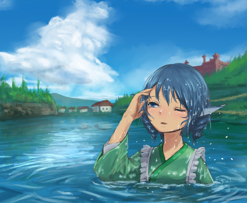 blue_eyes blue_hair blue_sky blush cloud commentary_request day drill_hair green_kimono head_fins japanese_clothes kimono lake mermaid misty_lake monster_girl roke_(taikodon) scarlet_devil_mansion scenery short_hair sky touhou wakasagihime wet wet_clothes wet_hair