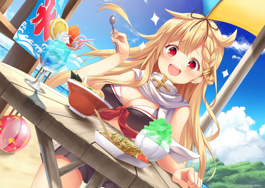 :d adapted_costume asymmetrical_hair ball bangs beach beachball bikini black_bikini black_ribbon blonde_hair blue_hawaii bowl braid breasts crazy_straw cup day drink drinking_glass drinking_straw dutch_angle food french_braid hair_flaps hair_ornament hair_ribbon hairclip heart heart-shaped_pupils highres holding holding_spoon kantai_collection kooribata large_breasts long_hair looking_at_viewer mafuyun medium_breasts noodles ocean open_mouth outdoors pov_across_table ramen red_eyes remodel_(kantai_collection) ribbon sailor_bikini sailor_collar scarf shaved_ice sitting smile solo spoon sunlight swimsuit symbol-shaped_pupils table teeth tropical_drink white_scarf yakisoba yuudachi_(kantai_collection)