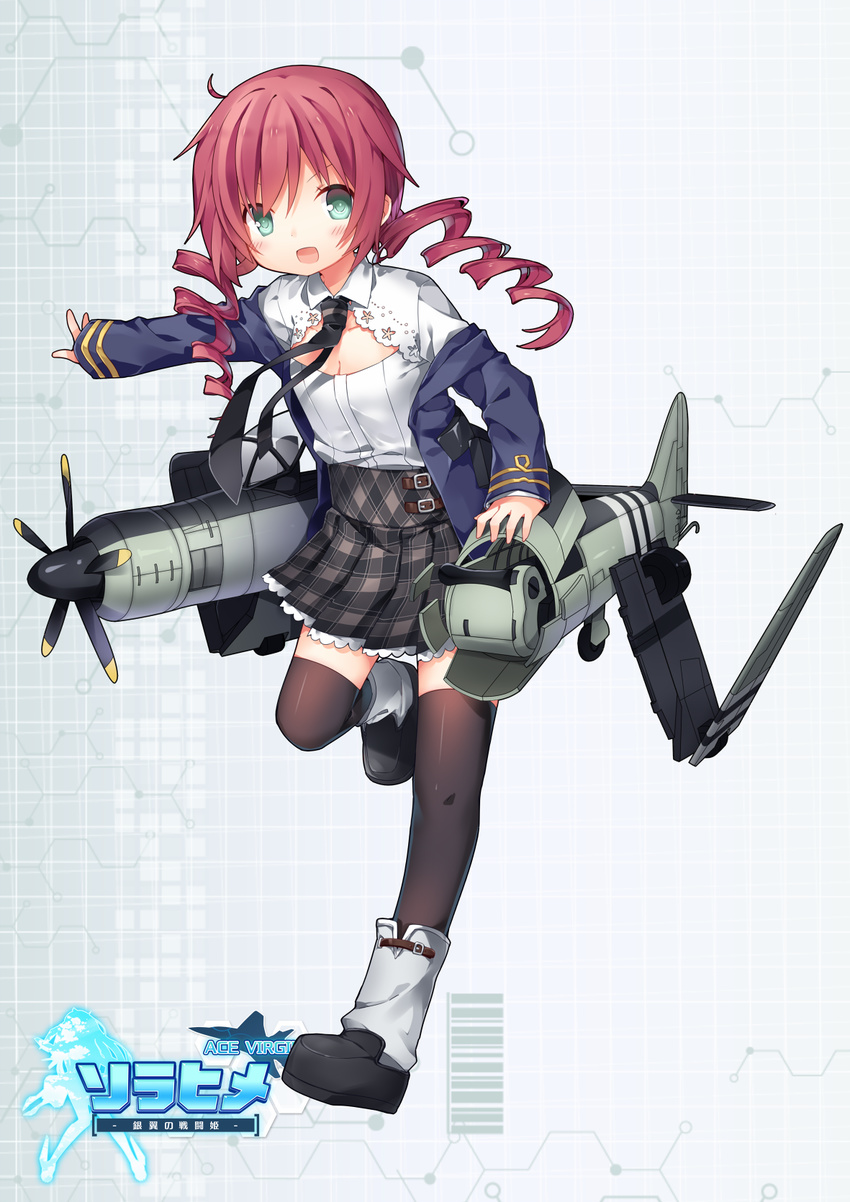 :d ace_virgin aqua_eyes drill_hair full_body highres jiang-ge miniskirt necktie open_mouth personification pleated_skirt propeller red_hair sea_fury_(ace_virgin) sea_fury_(airplane) skirt smile solo standing thighhighs uniform wings