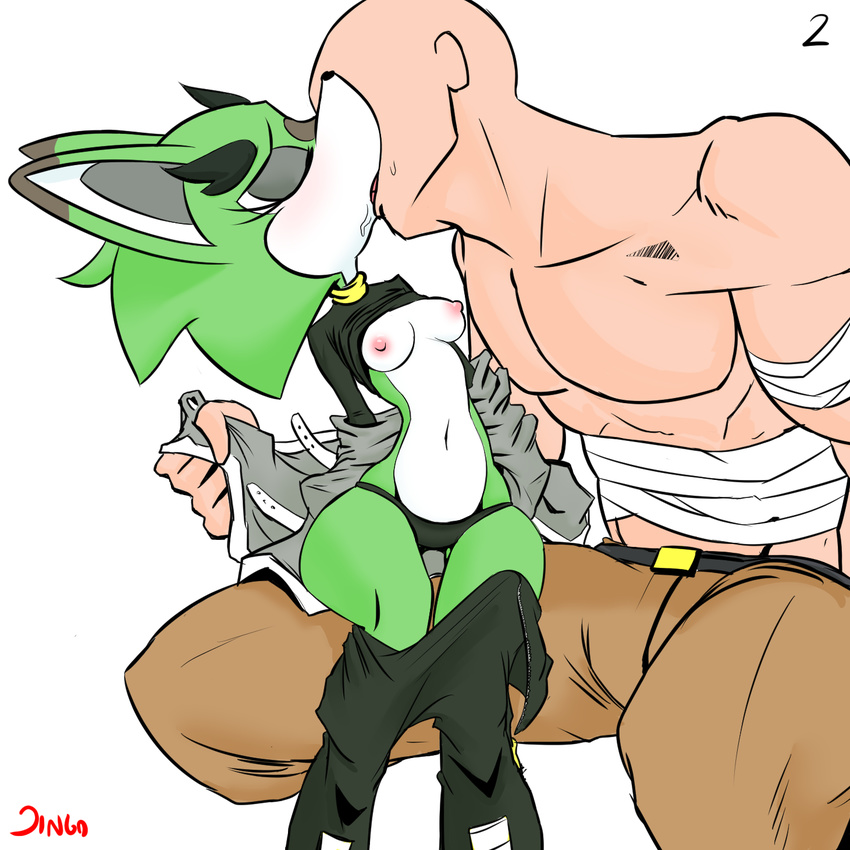 anthro archie_comics bandage breasts captainjingo clothing clove_the_pronghorn eyes_closed female fur green_fur human human_on_anthro interspecies kissing larger_male male mammal muscular nipples panties pronghorn saliva signature size_difference smaller_female sonic_(series) underwear undressing