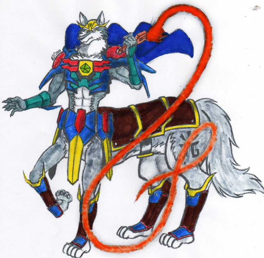 2010 abs armor canine canine_taur cape clothing dragonheart07 fluffy fluffy_tail fur grey_fur greyfus mammal mdtartist83 multicolored_fur signature simple_background solo standing taur two_tone_fur whip white_background white_fur wild_knights_gulkeeva wolf wolf_taur