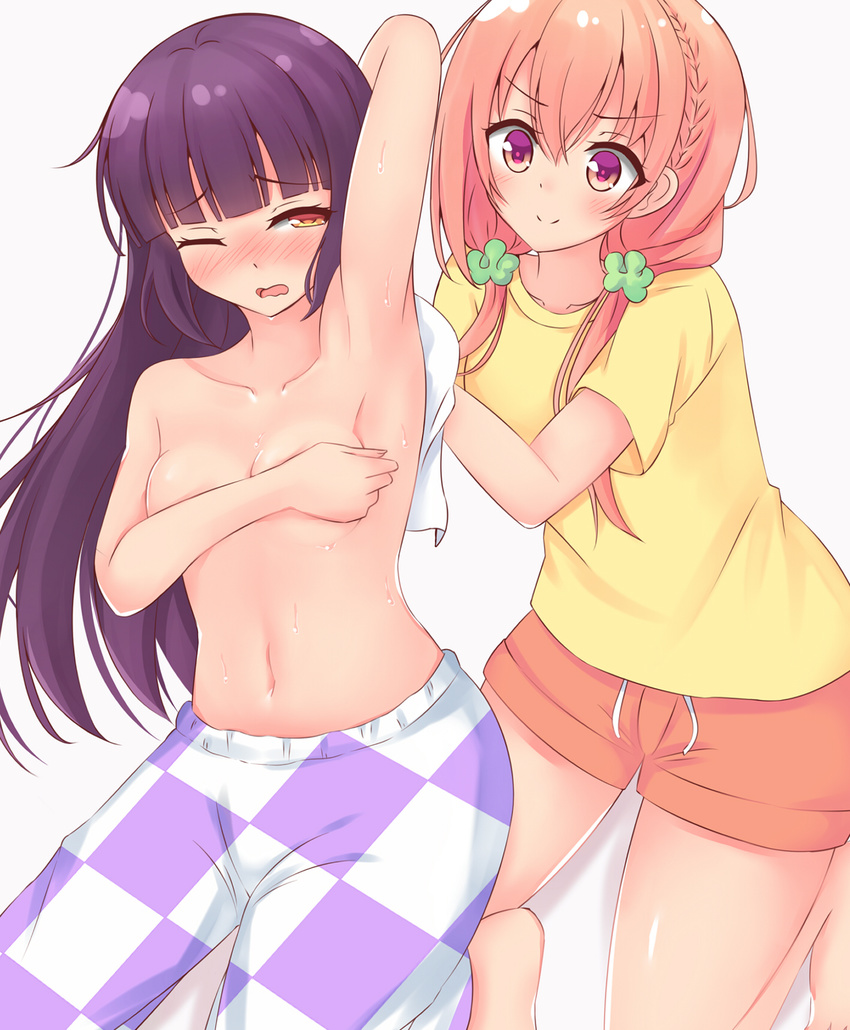 2girls blue_hair blush breasts brown_eyes brown_hair collarbone hinako_note karuba_(therace) medium_breasts multiple_girls nakajima_yua navel sakuragi_hinako smile sweat yuri