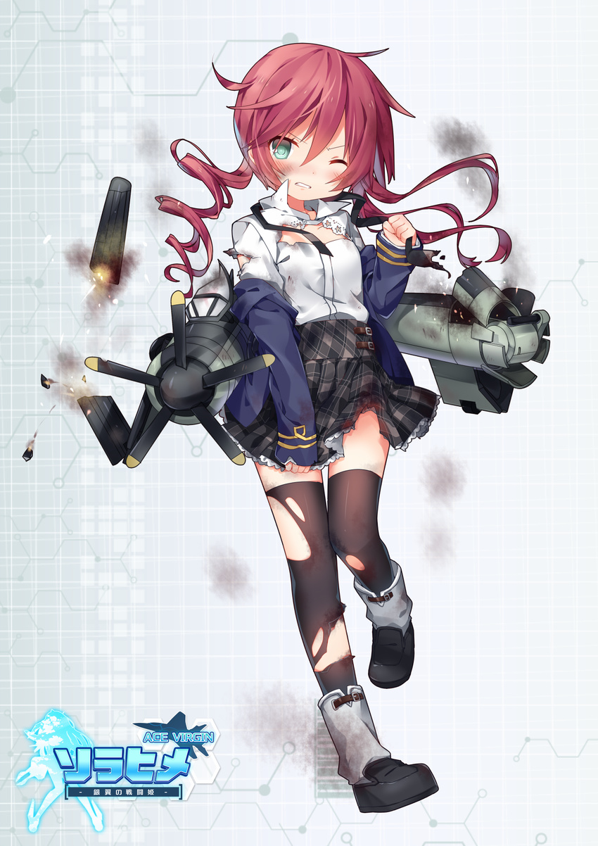 :d ace_virgin aqua_eyes drill_hair full_body highres jiang-ge miniskirt necktie open_mouth personification pleated_skirt propeller red_hair sea_fury_(ace_virgin) sea_fury_(airplane) skirt smile solo standing thighhighs uniform wings