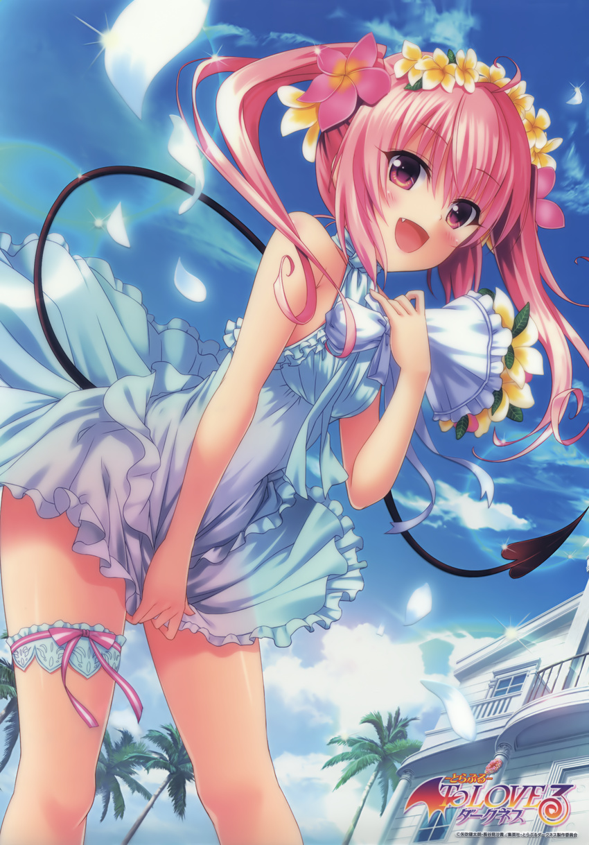 :d absurdres bouquet breasts dress fang flower frilled_dress frills hair_flower hair_ornament highres nana_asta_deviluke official_art open_mouth pink_eyes pink_hair skirt_hold sleeveless small_breasts smile tail to_love-ru to_love-ru_darkness twintails white_dress yabuki_kentarou