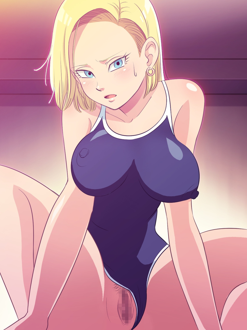 1girl android_18 blonde_hair blue_eyes blush bouncing_breasts breasts censored dragon_ball dragon_ball_z dragonball_z earrings engawa_suguru erect_nipples erodon_hearts highres jewelry large_breasts legs looking_at_viewer mosaic_censoring open_mouth pubic_hair pussy short_hair solo spread_legs sweatdrop swimsuit thighs