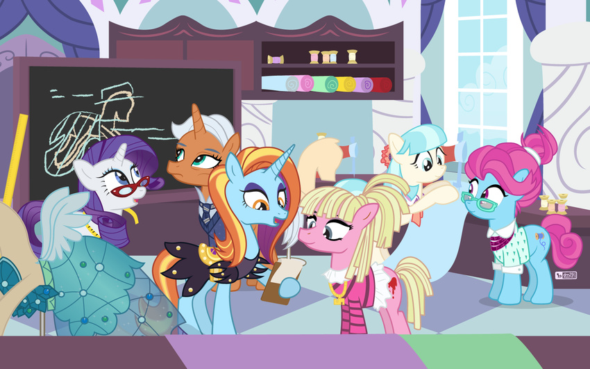 bleeding_heart_(mlp) blue_bobbin_(mlp) chalkboard clothing coco_pommel_(mlp) dm29 dress equine female friendship_is_magic group horn horse male mammal my_little_pony pony princess_dress rarity_(mlp) safe sassy_saddles_(mlp) starke_kragen_(mlp) tangerine unicorn