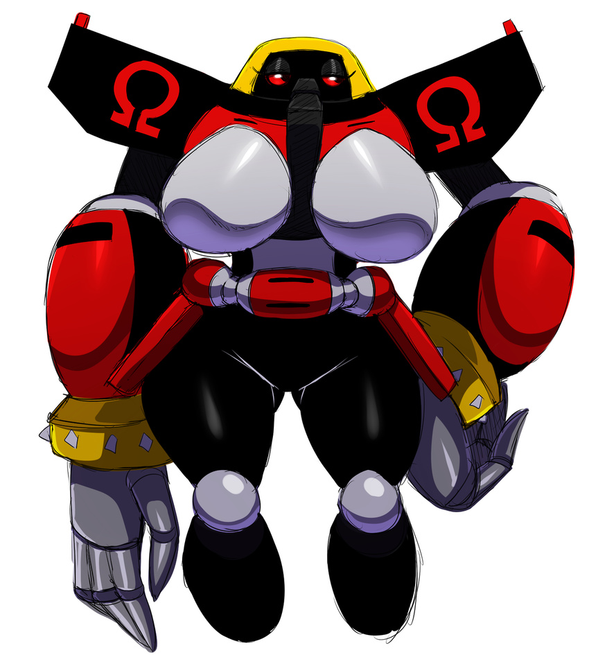 big_breasts breasts crossgender e-123_omega eyelashes featureless_breasts female half-closed_eyes huge_breasts machine red_eyes robot simple_background solo sonic_(series) sssonic2 white_background