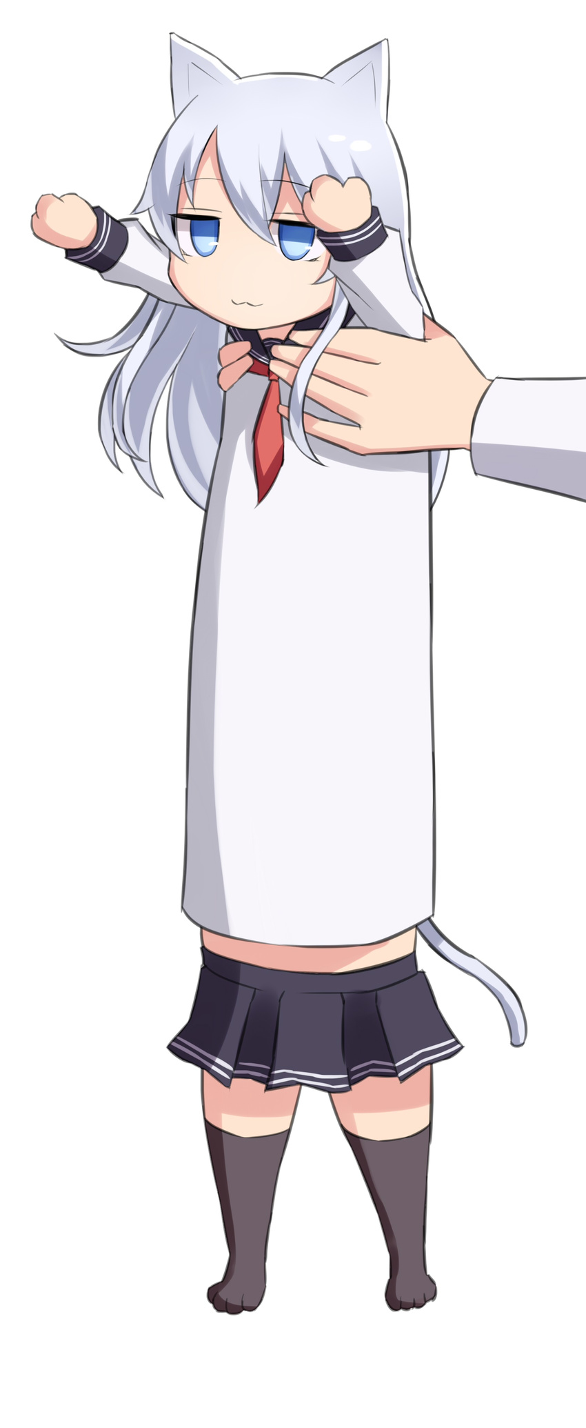 :3 absurdres animal_ears blue_eyes cat_ears cat_girl cat_tail commentary grey_hair hibiki_(kantai_collection) highres kantai_collection long_hair long_sleeves longcat neckerchief neit_ni_sei outstretched_arms paws pleated_skirt school_uniform serafuku simple_background skirt smile tail thighhighs white_background