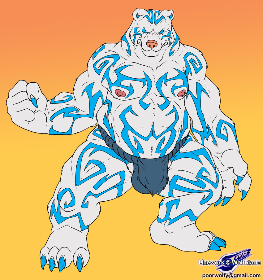 bear biceps bulge clenched_teeth clothed clothing frostbite_(character) fundoshi growling japanese_clothing looking_at_viewer male mammal markings musclegut muscular muscular_male nipples pecs polar_bear solo supervillain teeth topless tribal_markings underwear wolfblade