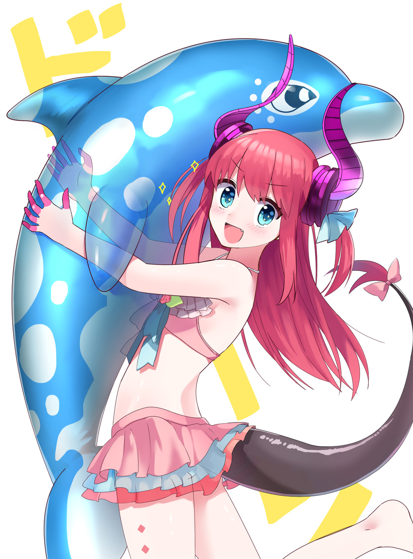 :d absurdres bangs bare_legs barefoot bikini bikini_skirt blue_eyes blush bow commentary_request cowboy_shot curled_horns dragon_tail elizabeth_bathory_(fate) elizabeth_bathory_(fate)_(all) fang fate/extra fate/extra_ccc fate_(series) flat_chest highres holding horns inflatable_dolphin inflatable_toy layered_bikini leg_up long_hair looking_at_viewer looking_to_the_side open_mouth outstretched_arms pink_bikini pink_bow red_hair sakana_(14894735) simple_background smile solo sparkle standing standing_on_one_leg swimsuit tail tail_bow tareme transparent two_side_up v-shaped_eyebrows very_long_hair white_background