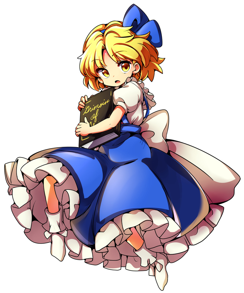 alice_margatroid alice_margatroid_(pc-98) baba_(baba_seimaijo) blonde_hair blue_bow blue_skirt blush bobby_socks book book_hug bow commentary_request frilled_skirt frills full_body grimoire_of_alice hair_bow highres holding holding_book looking_at_viewer open_mouth puffy_short_sleeves puffy_sleeves short_sleeves skirt socks solo suspender_skirt suspenders tachi-e touhou touhou_(pc-98) transparent_background yellow_eyes